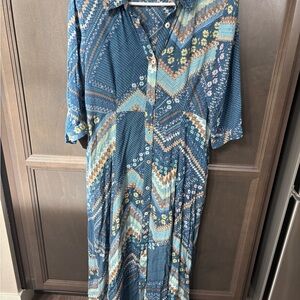 ODDY Geometric Floral Maxi Dress - Blue and Cream